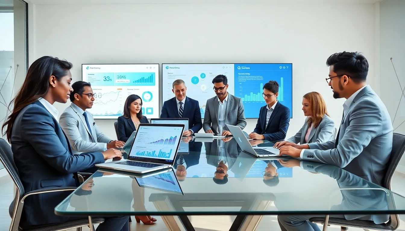 diverse team discussing digital strategies around a conference table.