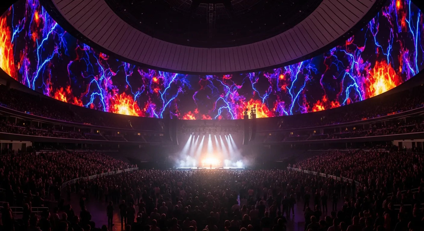 Inside the Las Vegas Sphere during an immersive rock concert with vivid LED visuals.
