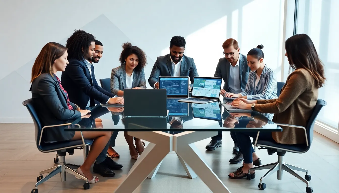diverse professionals collaborating in a modern office setting.