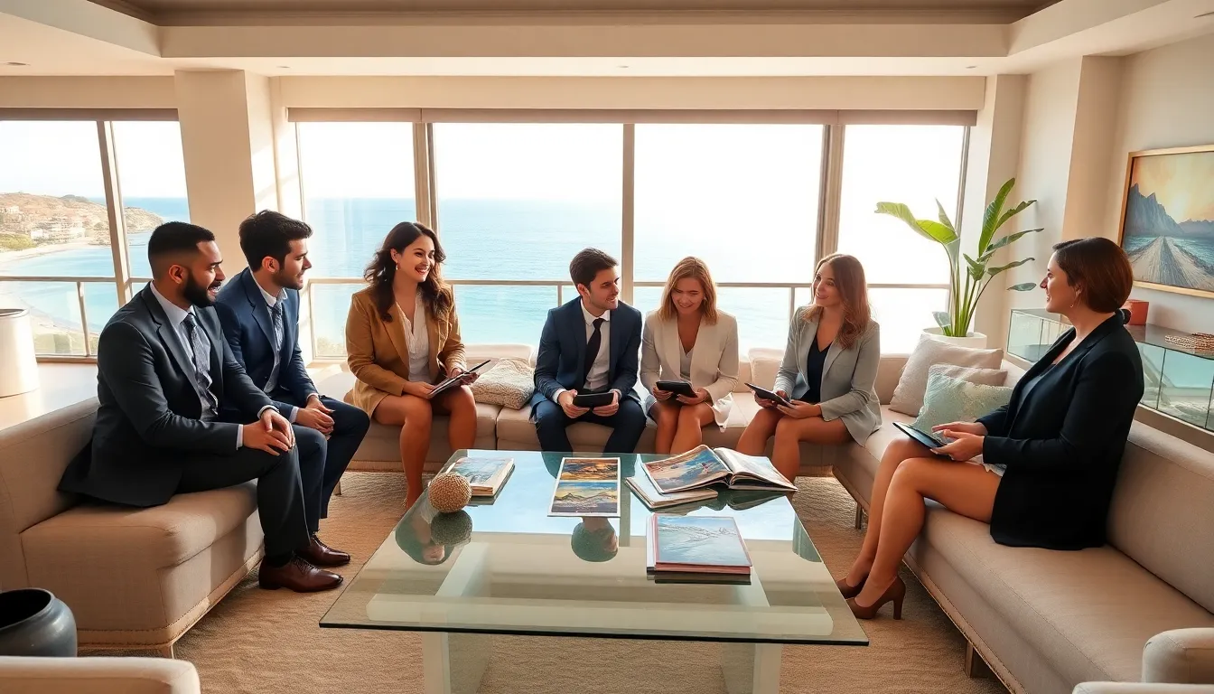 diverse group discussing vacation properties in a luxurious living room.
