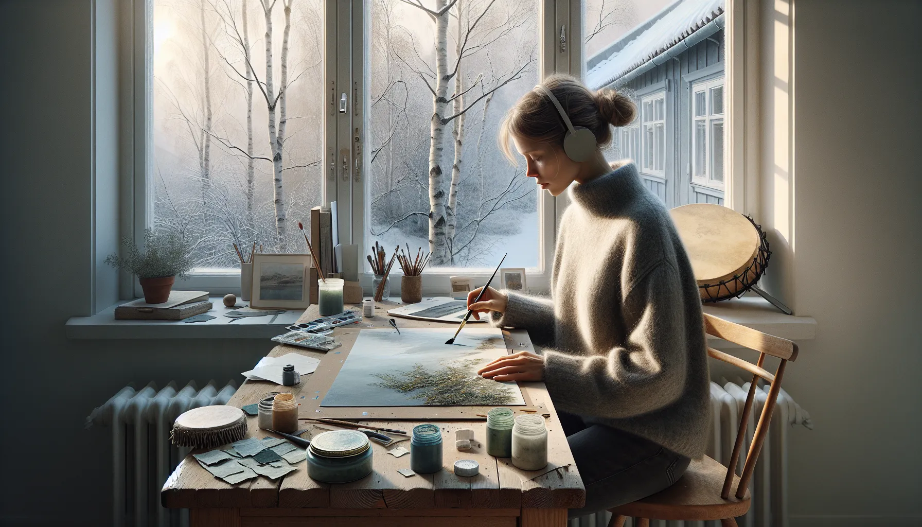 Kreativ terapi: hvordan kunst og musikk kan være en vei ut av vonde følelser 3 Norwegian woman painting rhythmic strokes in a calm art therapy studio.