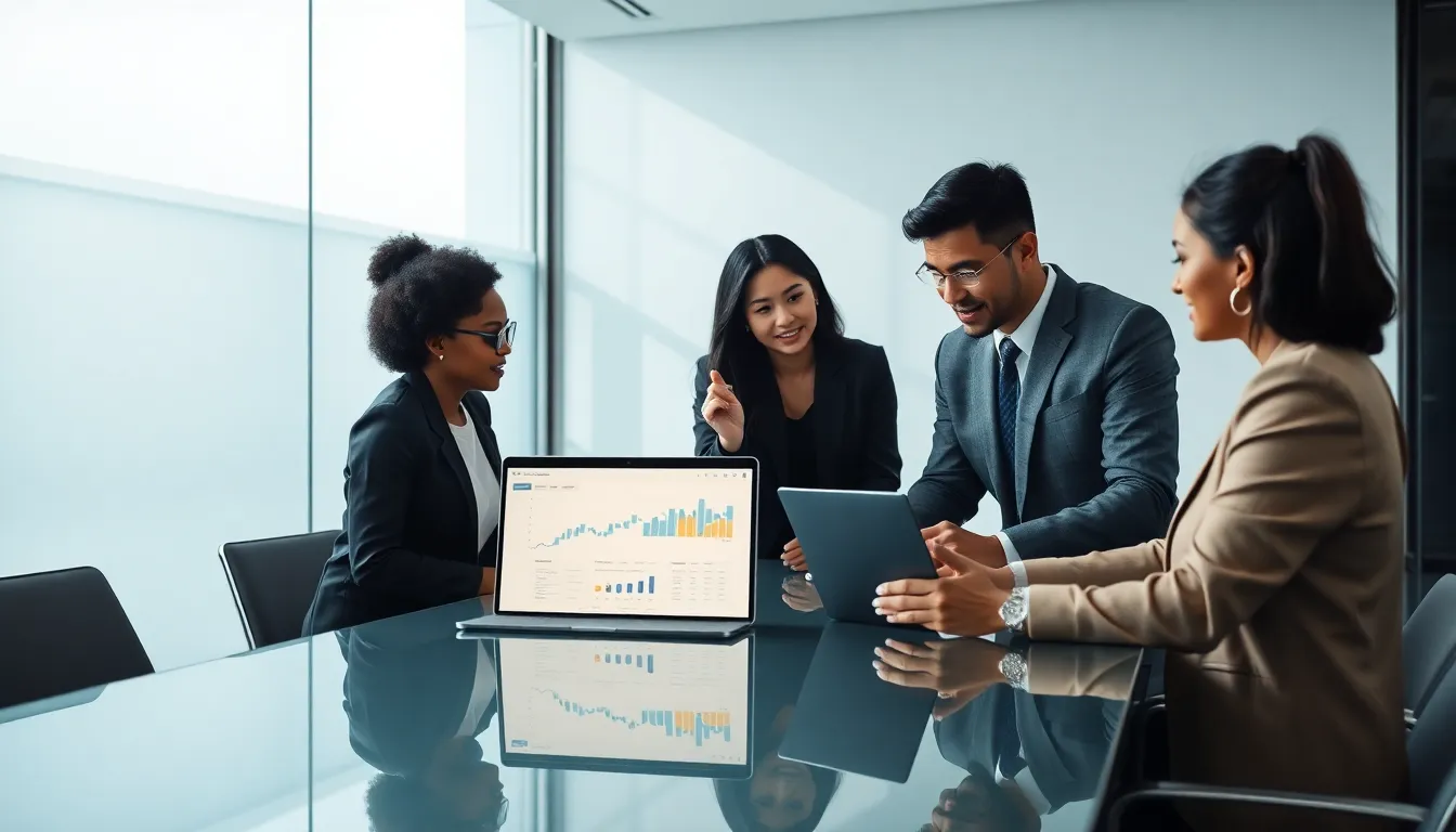 diverse team collaborating on technology in a modern office.