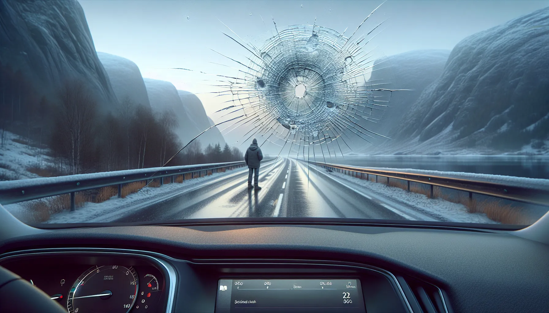 Close-up of a cracked car windshield with stone chip on a cold norwegian road.