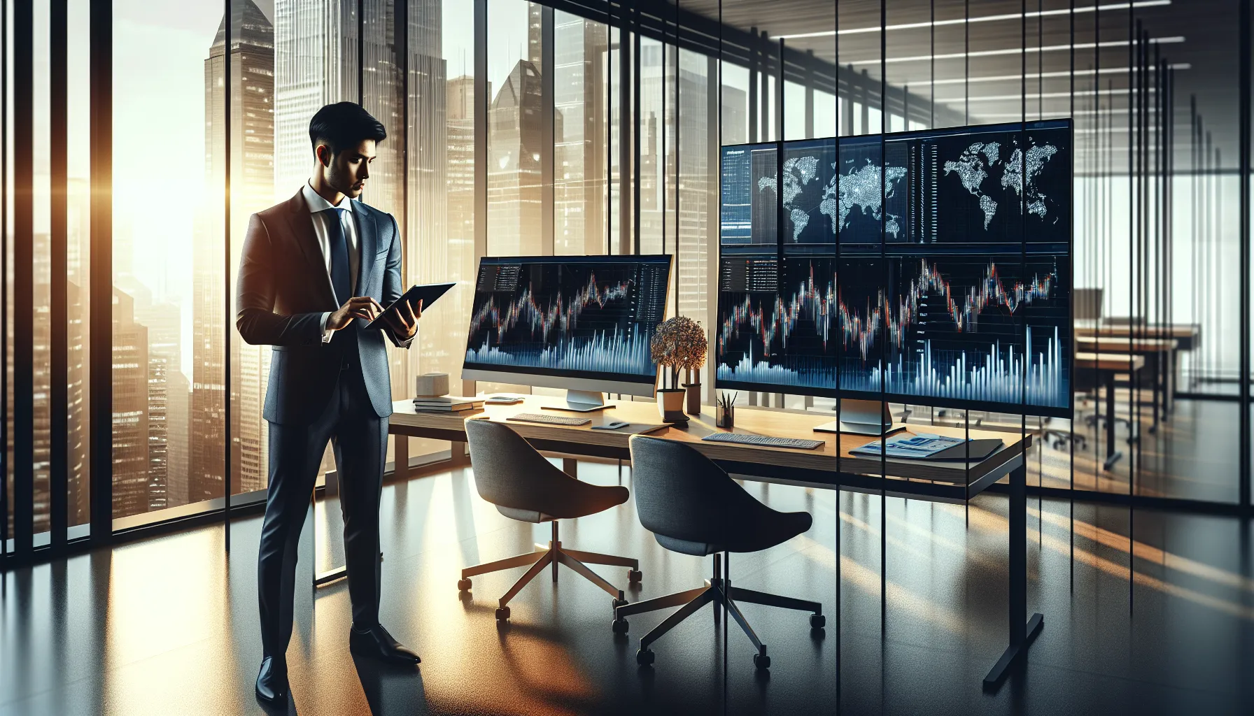 A financial analyst analyzing data on computer screens in a modern office.