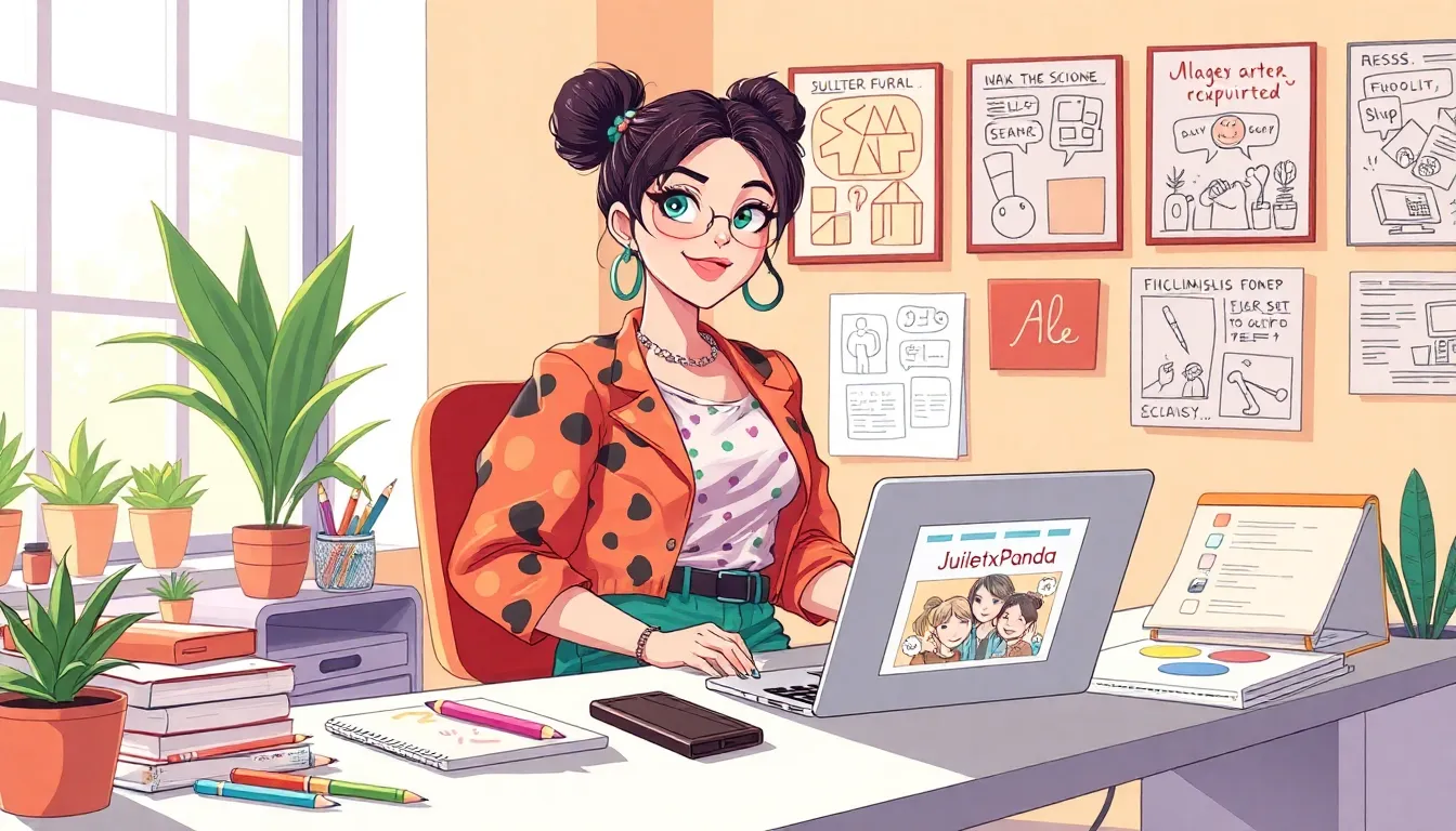 Julietxxpanda in a modern workspace, surrounded by art and creativity.