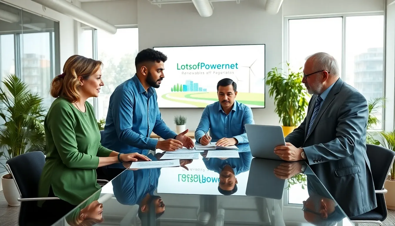 three professionals discussing energy solutions in a modern office.