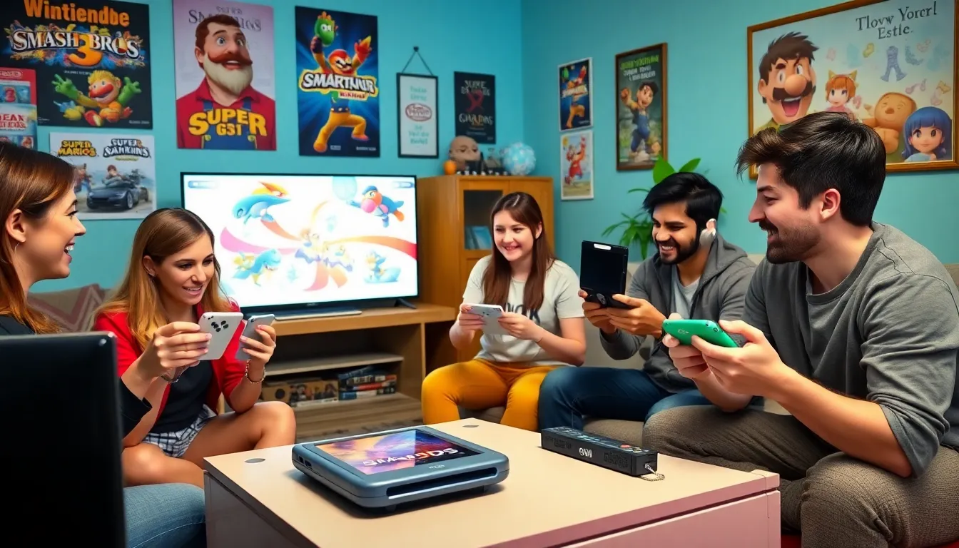 diverse group of gamers enjoying Super Smash Bros. in a modern game room.