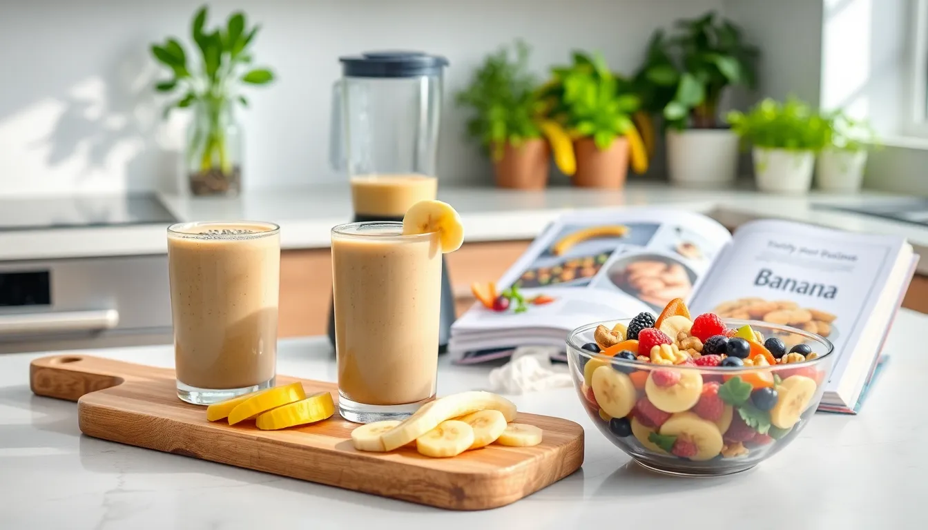 colorful healthy banana recipes in a modern kitchen setting.