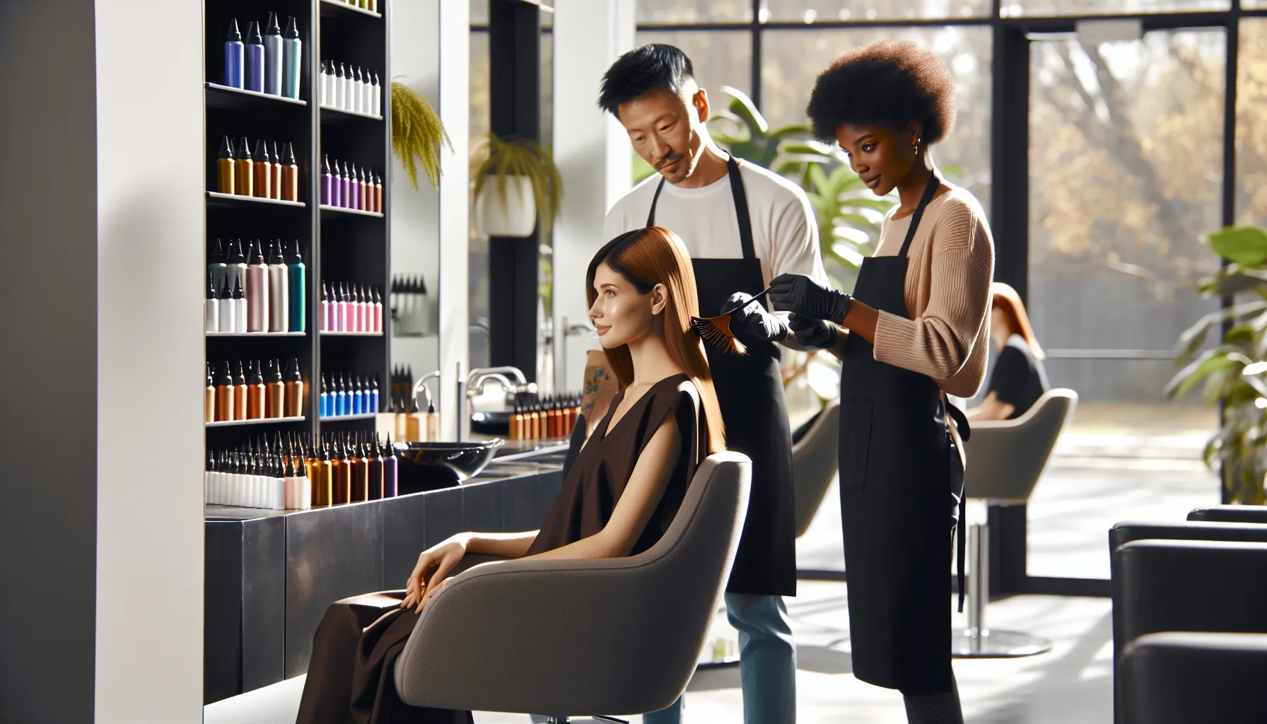 diverse professionals applying Darhergao Hair Dye in a modern salon.