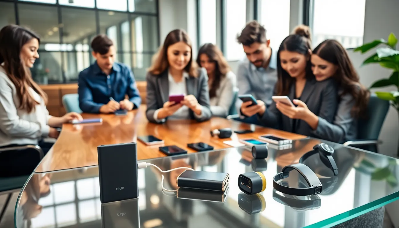 professionals discussing phone gadgets as gift options in a bright office