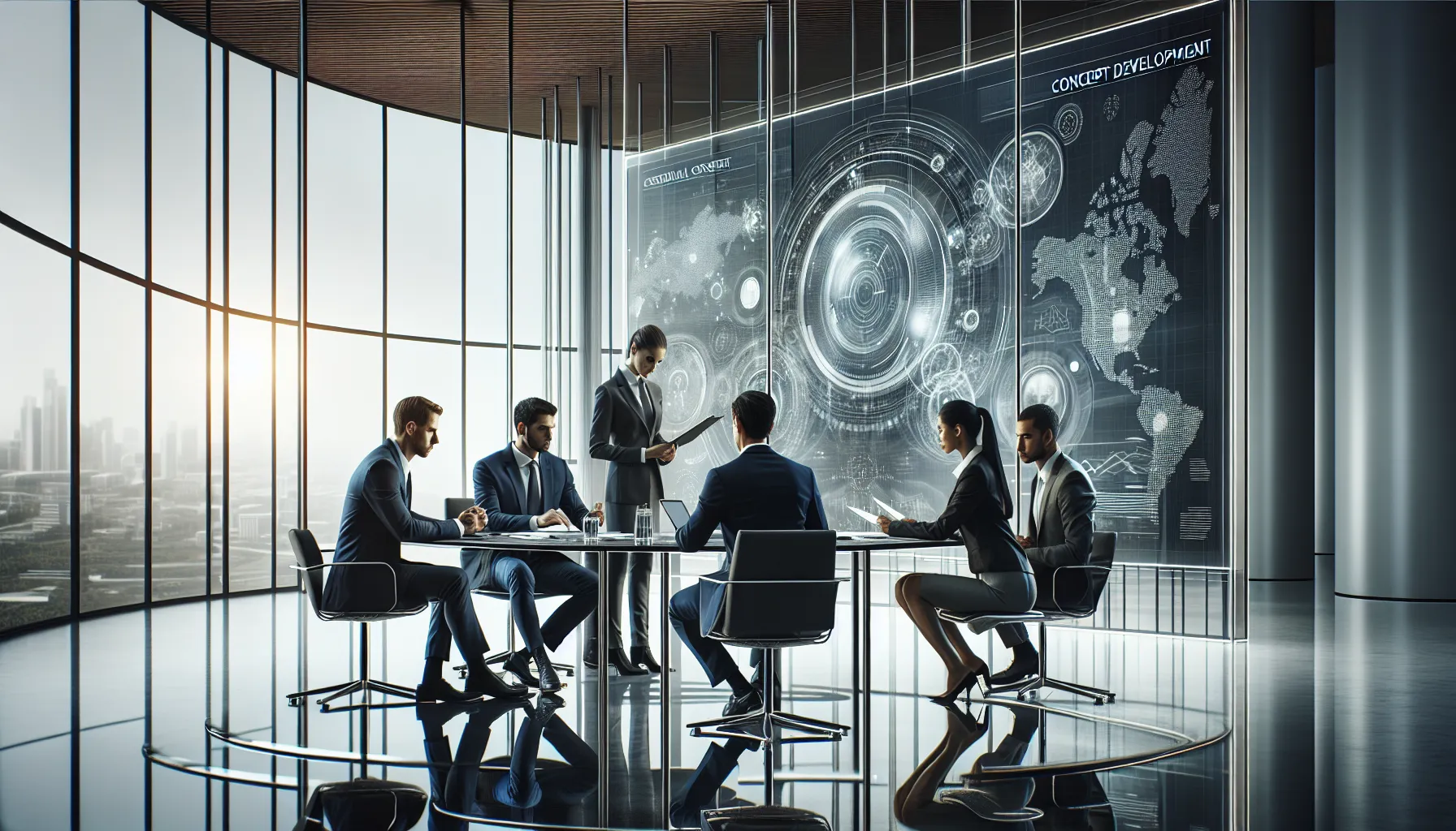 professionals discussing innovation and history in a modern office.