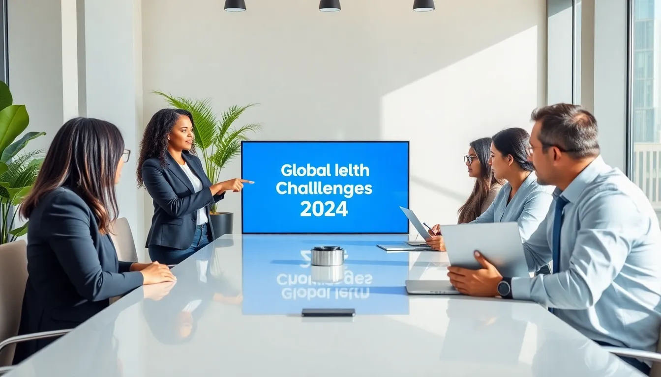 diverse professionals discussing global health challenges in a modern office.