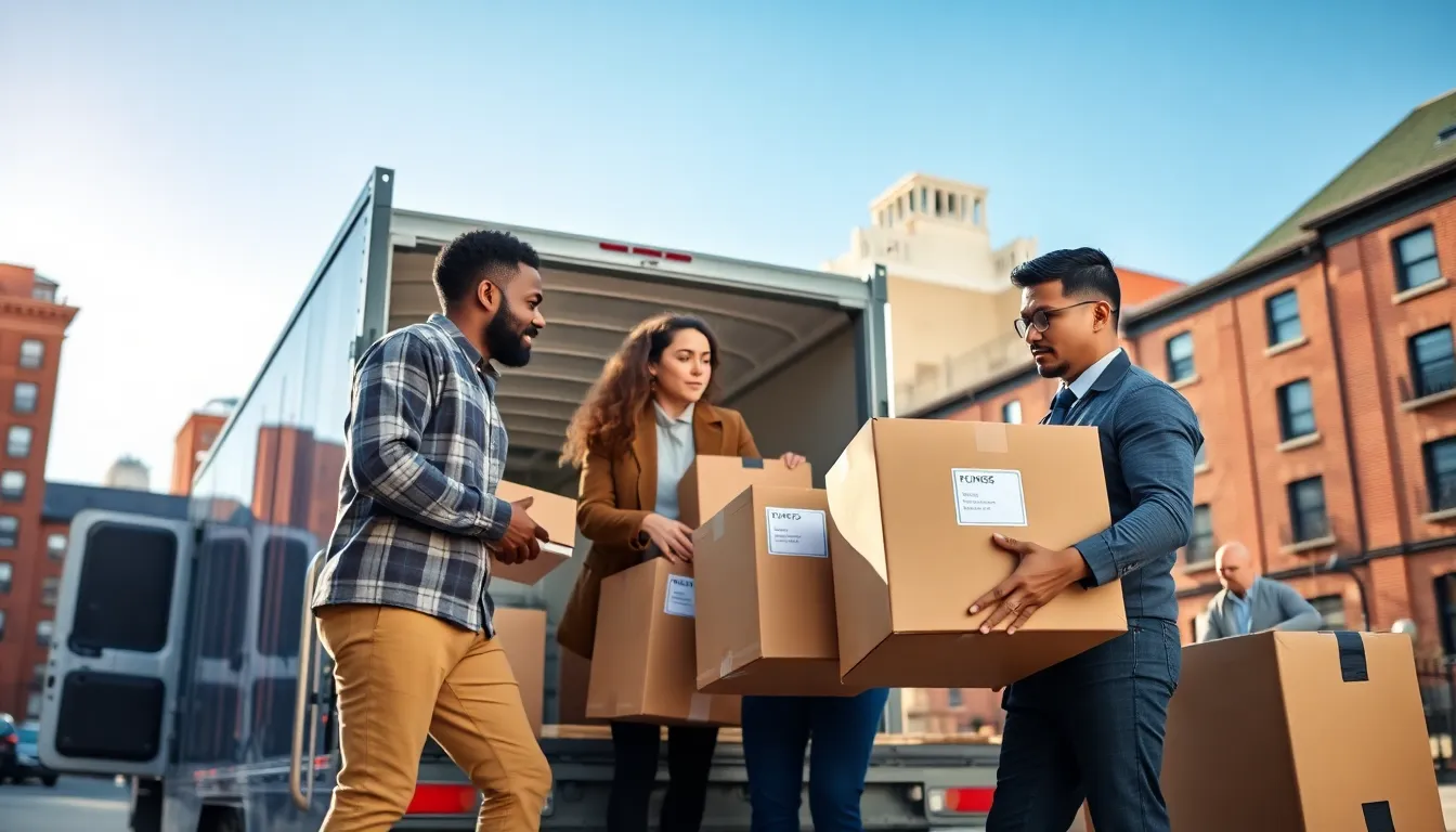 diverse team packing for a move in Boston's historic setting.