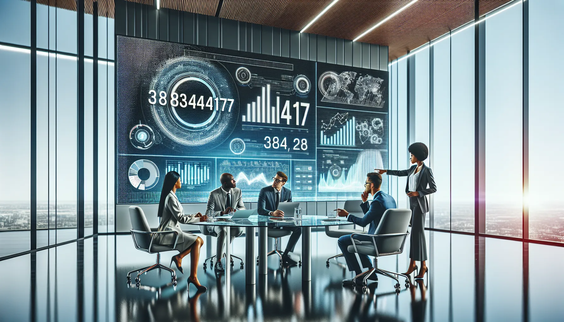 professionals discussing data analysis in a modern office.