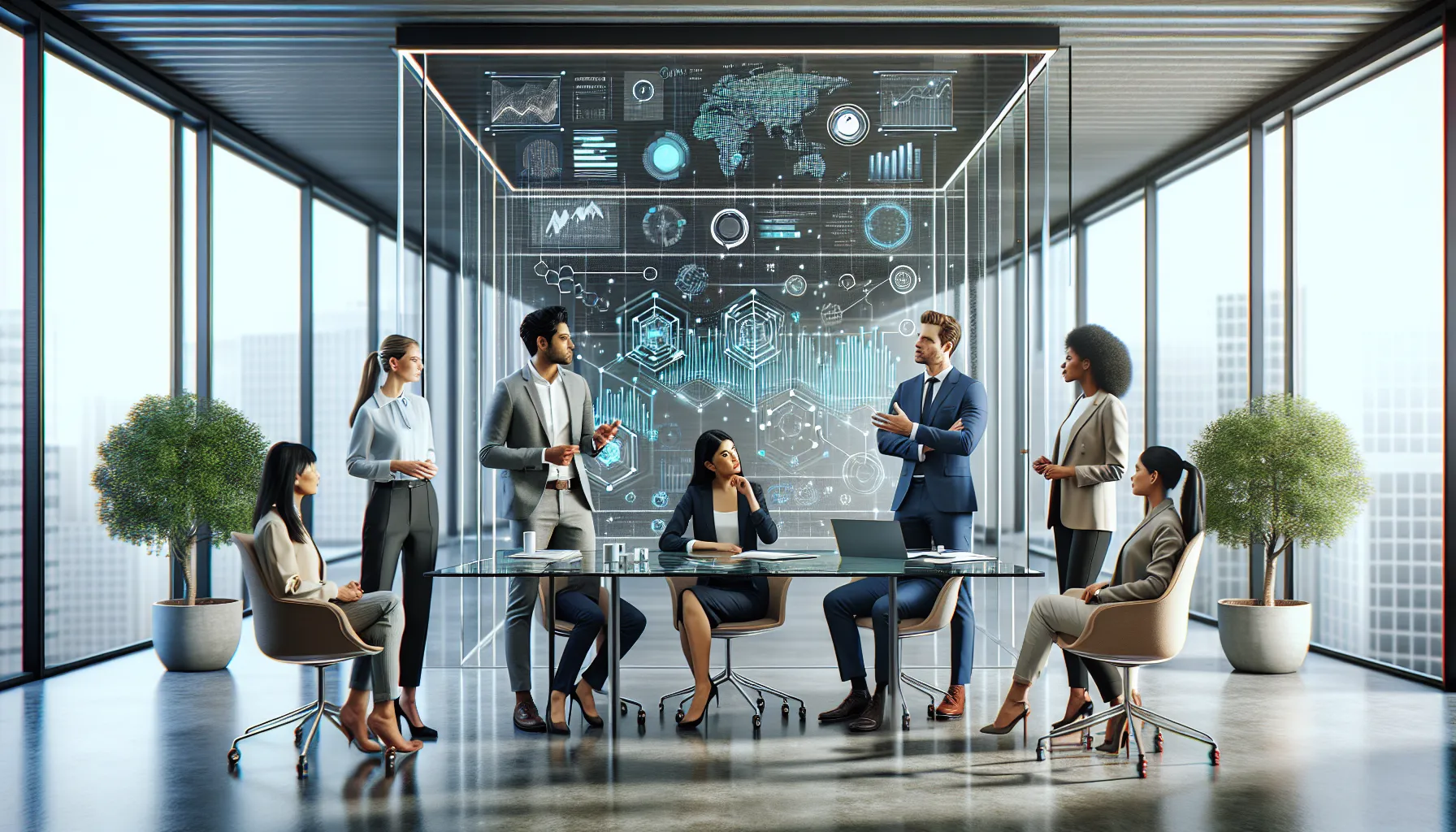 diverse team discussing technology concepts in a modern office.