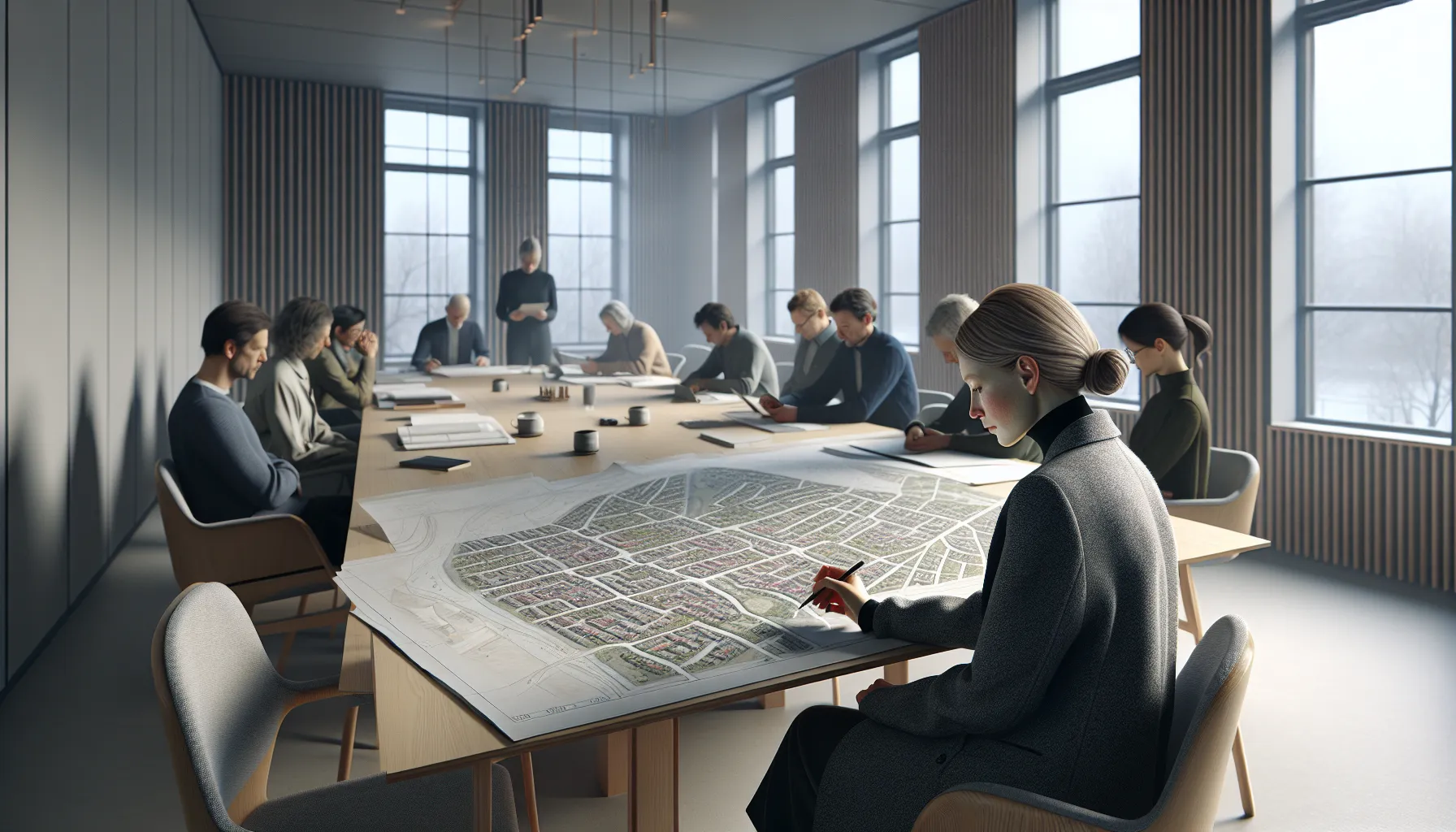 Tips for å navigere i komplekse byggeforskrifter 2 Coordinator points to norwegian zoning map beside tek17 and sak10 binders.