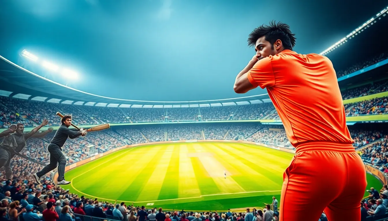 a professional cricketer delivering a fast bowl in a modern stadium.