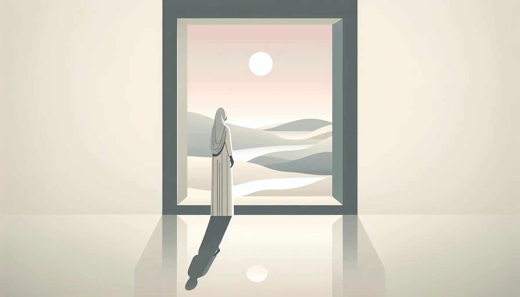 Woman silhouette by window looking at distant horizon in minimalist style