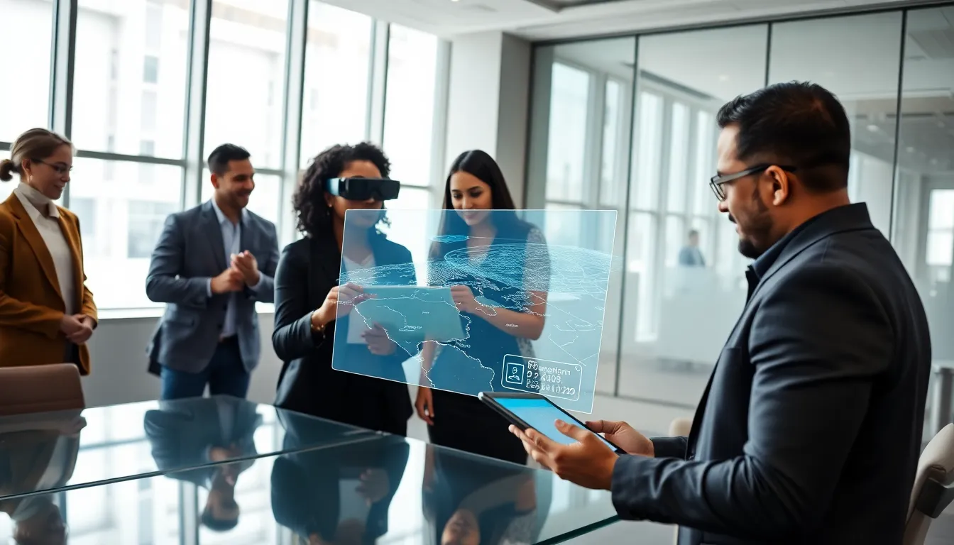 professionals using augmented reality technology in a modern office.