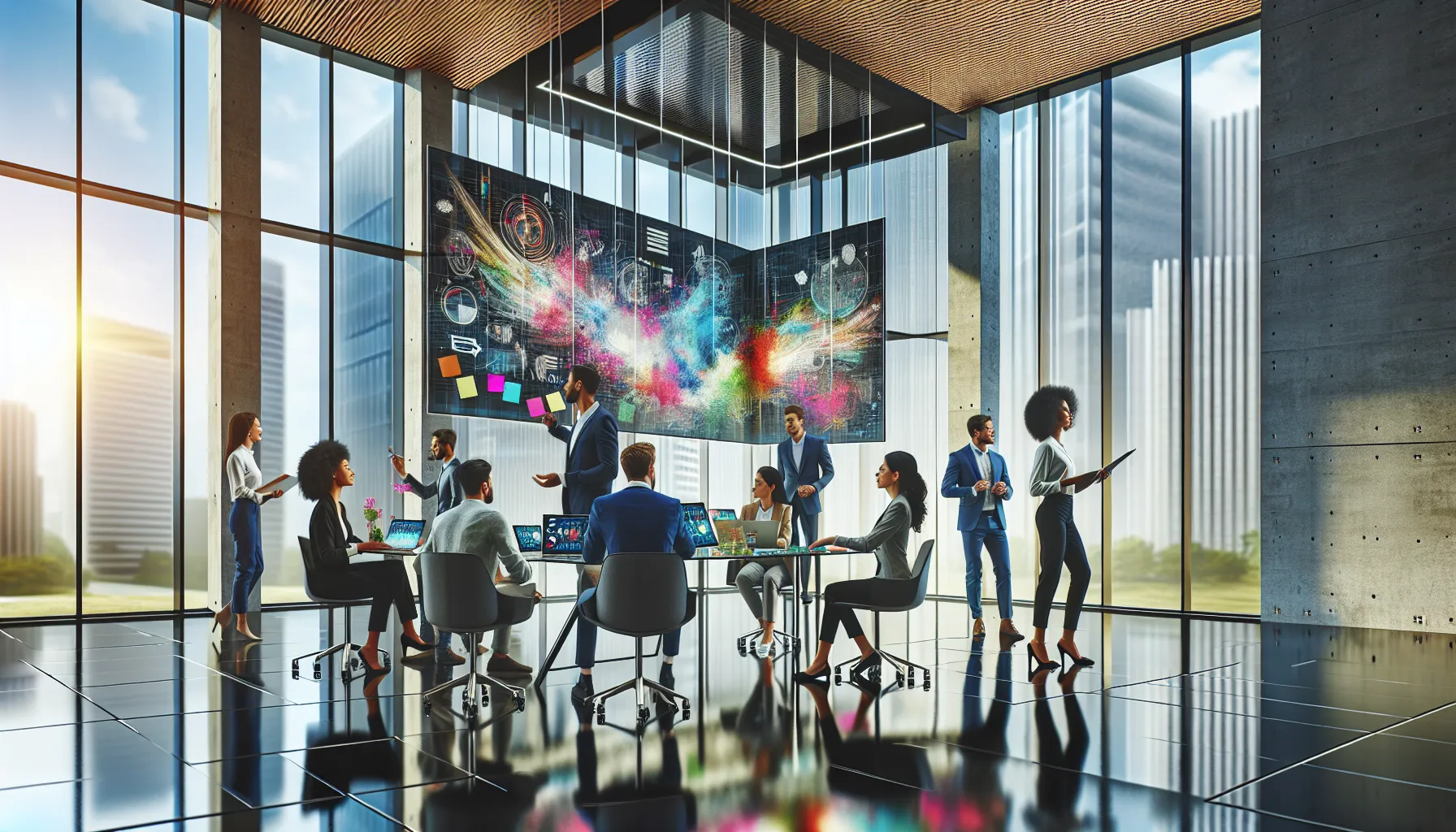 diverse professionals collaborating in a modern office setting.