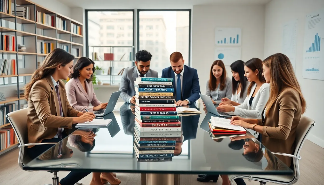 diverse professionals discussing real estate investing books in a modern office.