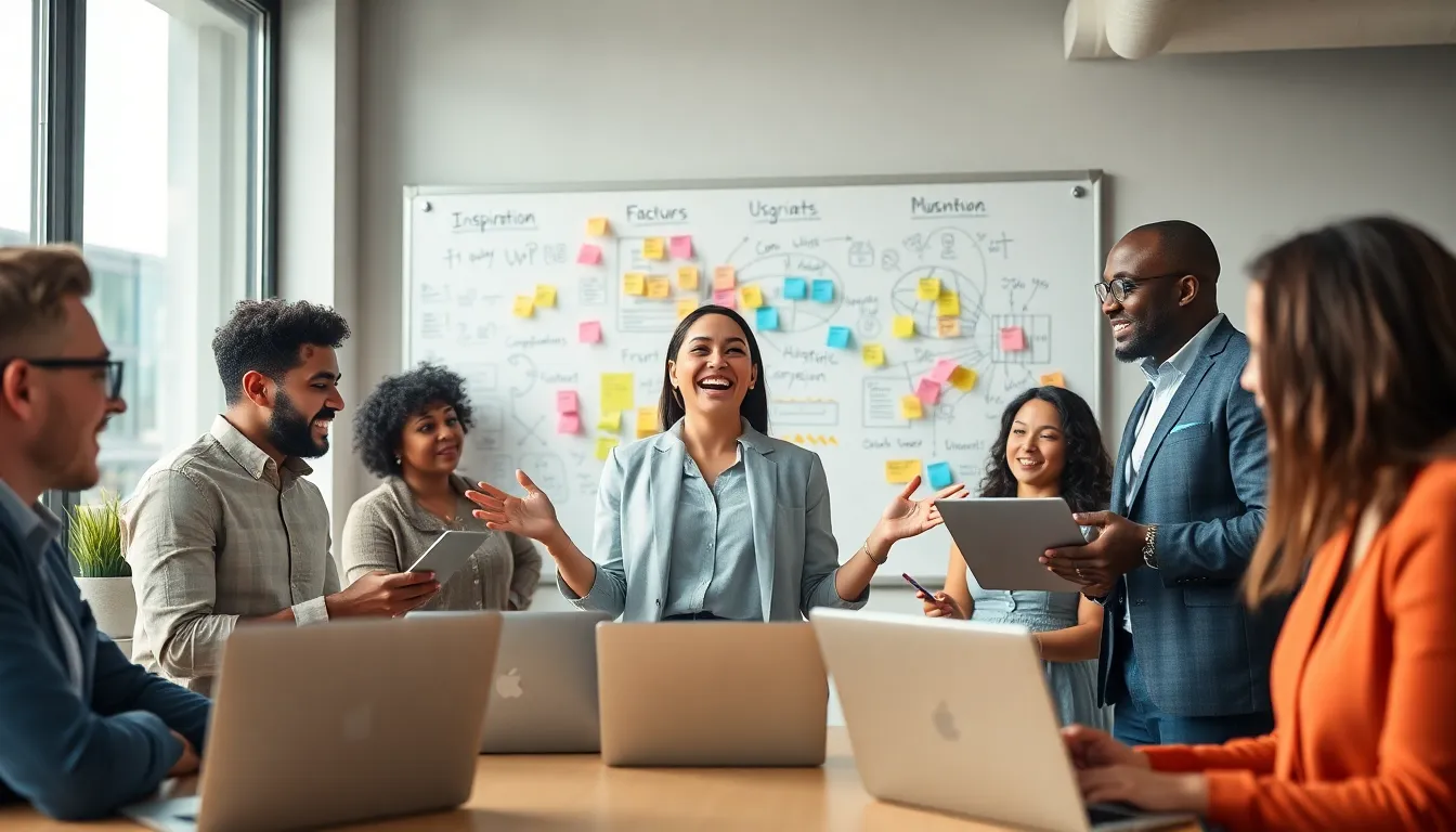 diverse team brainstorming in a modern office setting.