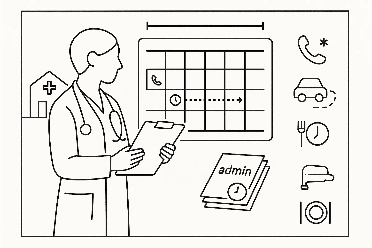 Vet with calendar and icons for on-call, shifts, travel, breaks, and admin time.