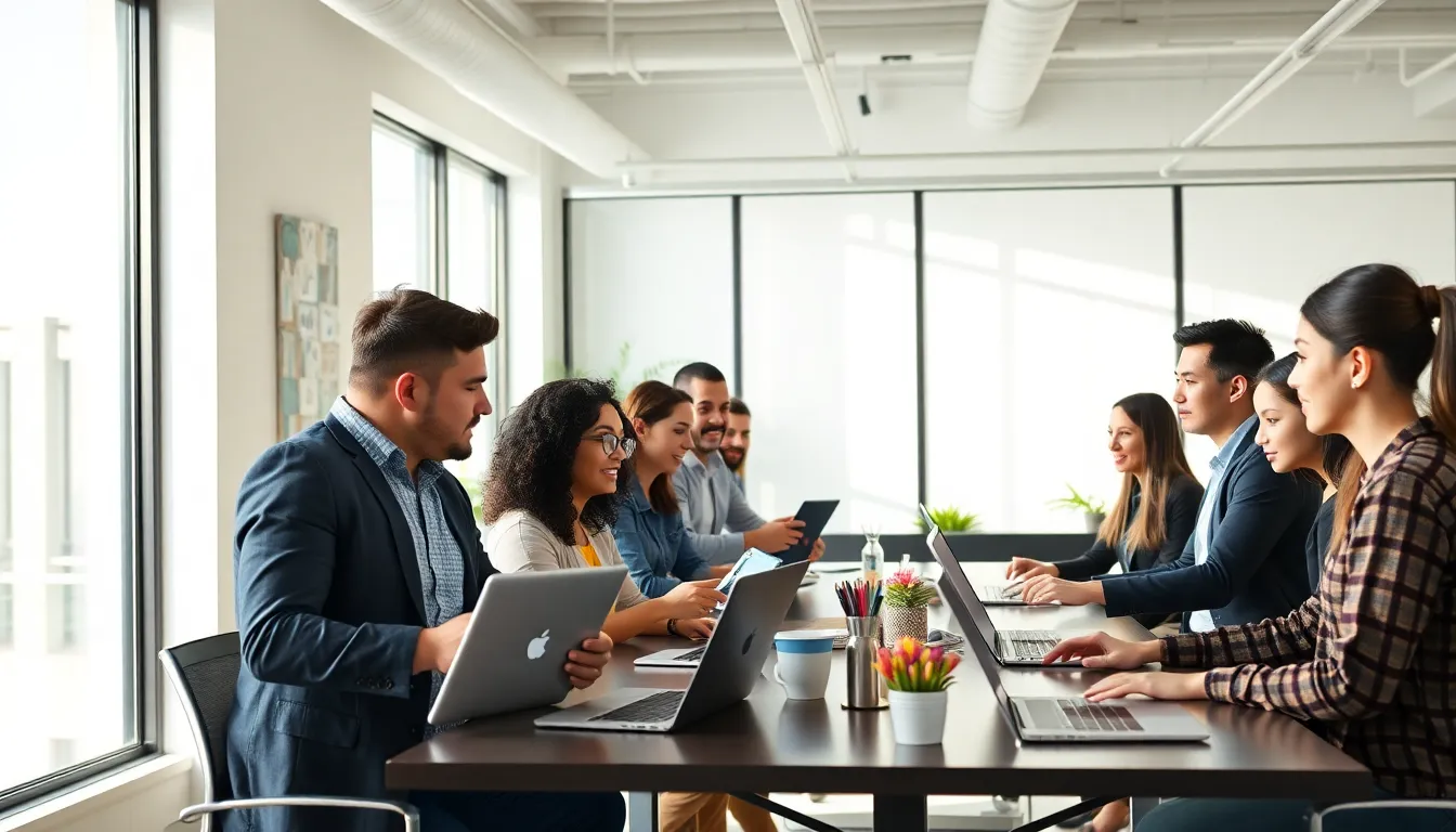diverse team collaborating on a digital platform in a modern office.