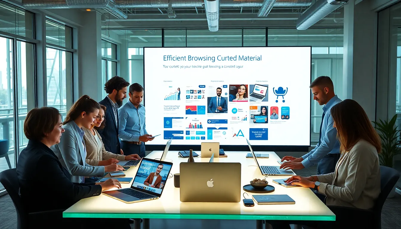 diverse team collaborating on content discovery in a modern office.