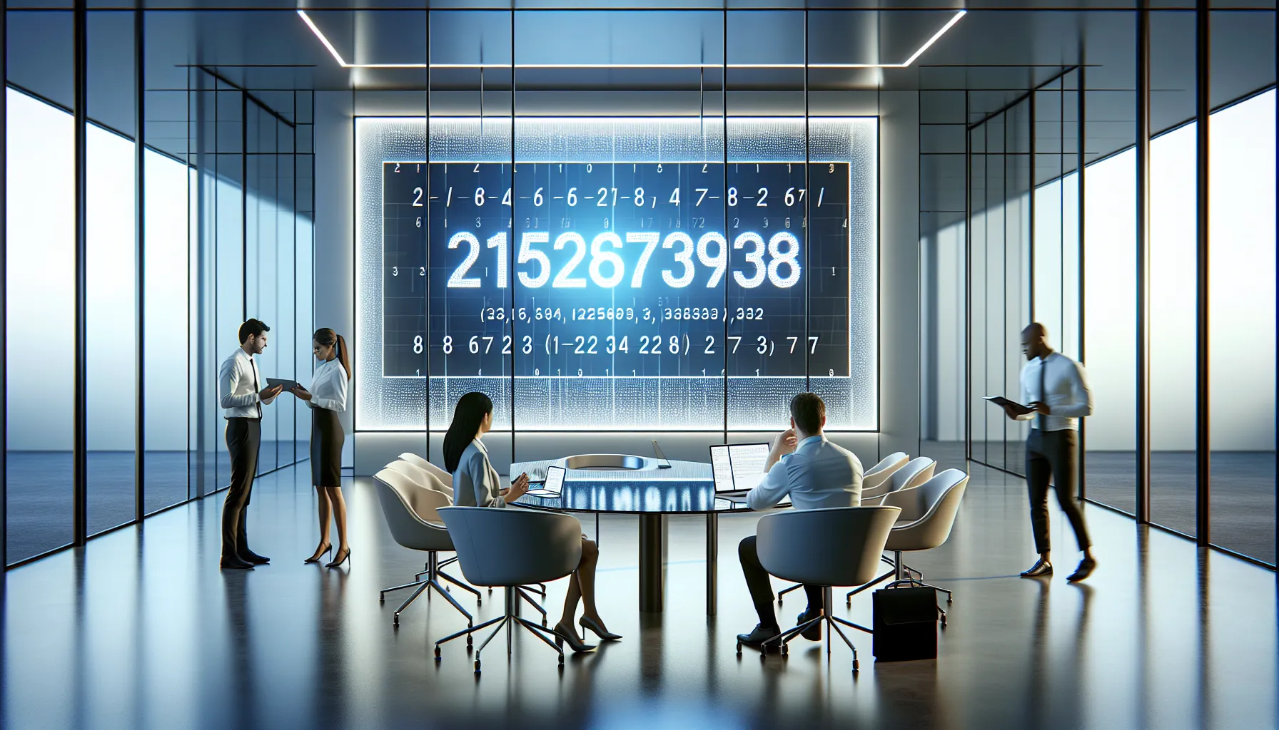 professionals analyzing the number 2152673938 in a modern office.