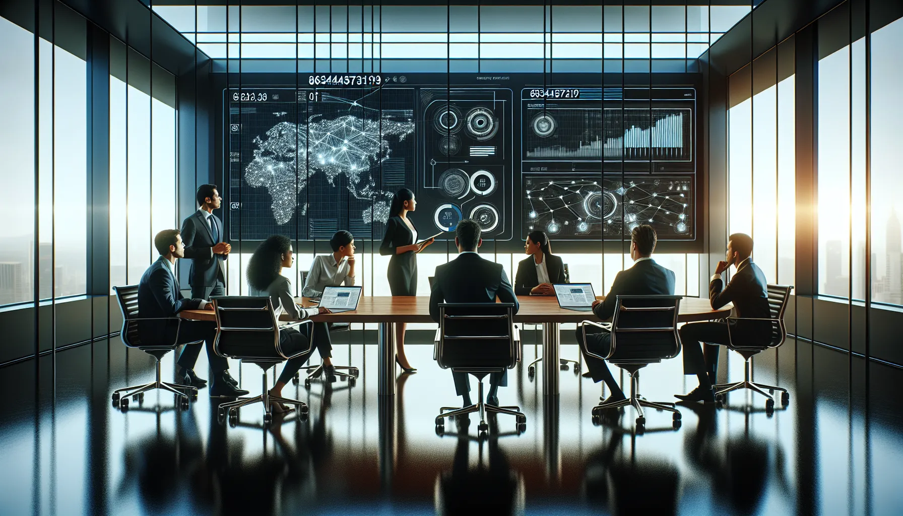 professionals collaborating in a modern office, focused on data management.