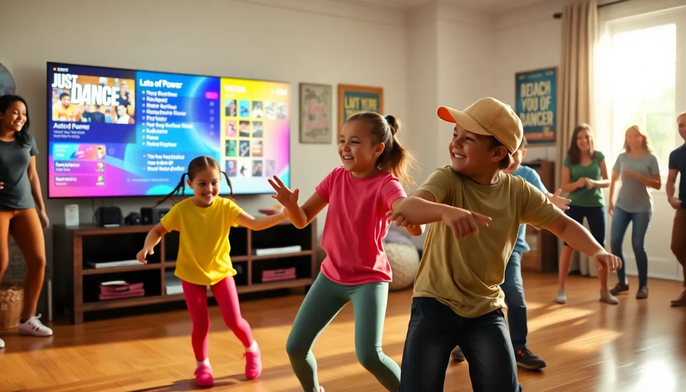 children dancing in a living room to Just Dance 2022.
