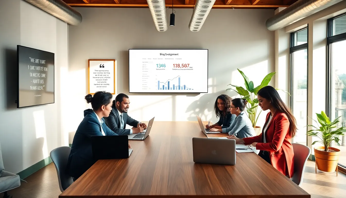 diverse team brainstorming blog ideas in a modern office setting.