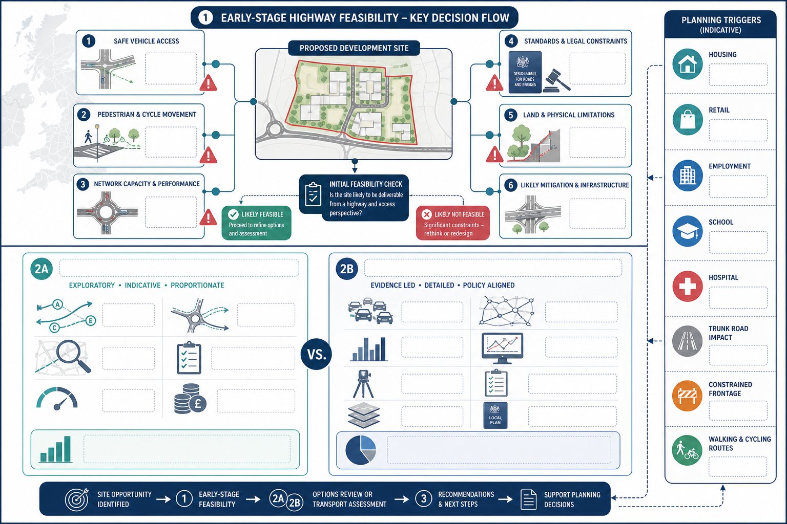 UK highway feasibility study infographic showing checks, planning triggers, and TA comparison.