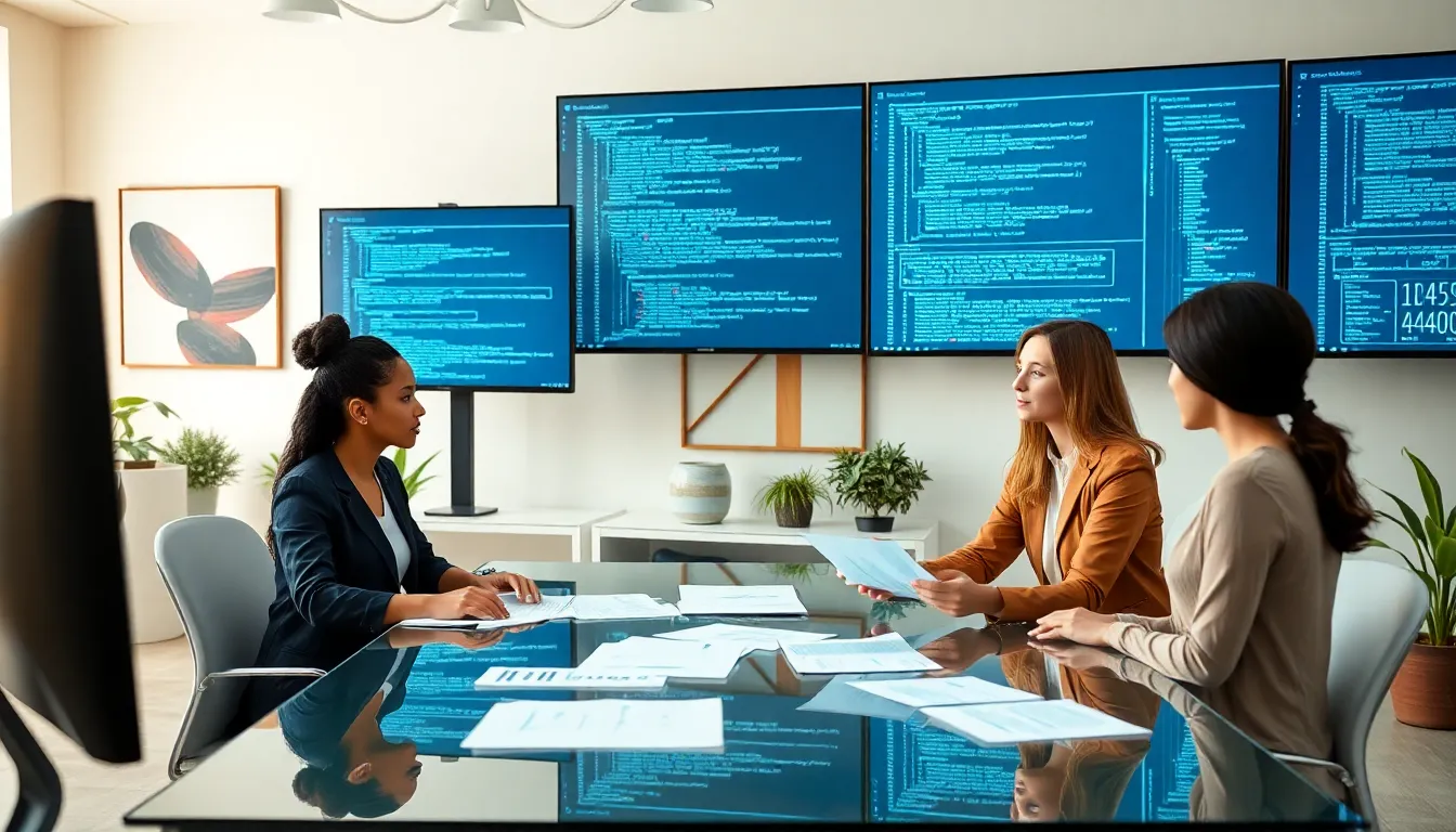 diverse professionals discussing technology in a modern office setting.