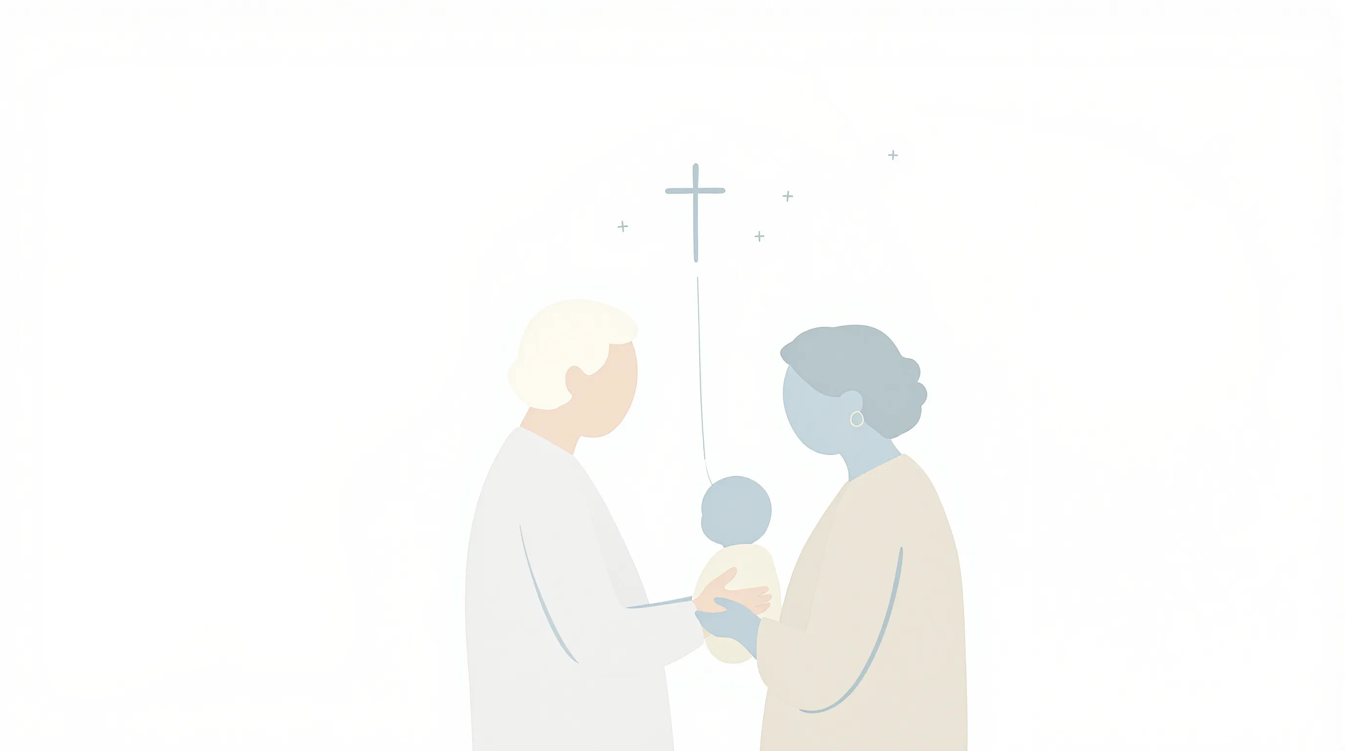 Elderly silhouettes standing beside a child with a cross symbol above them.