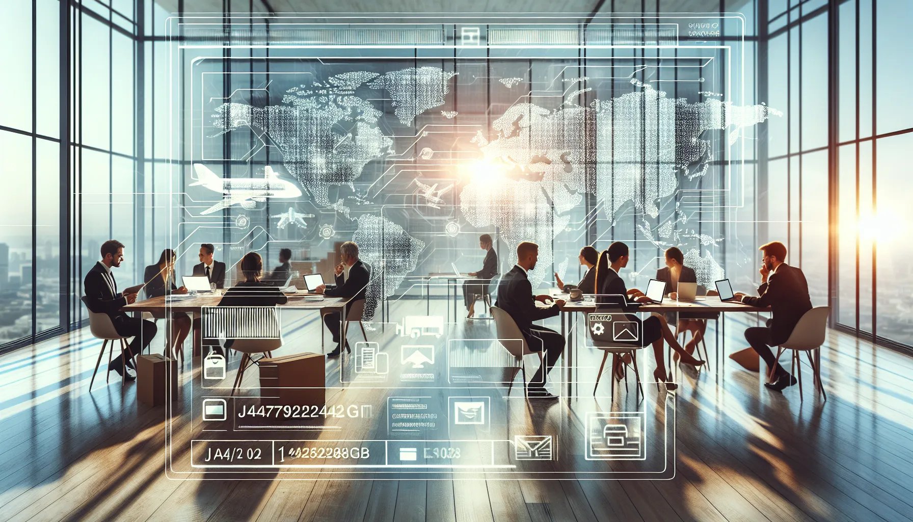 Digital shipment tracking interface with a diverse team in a modern office.