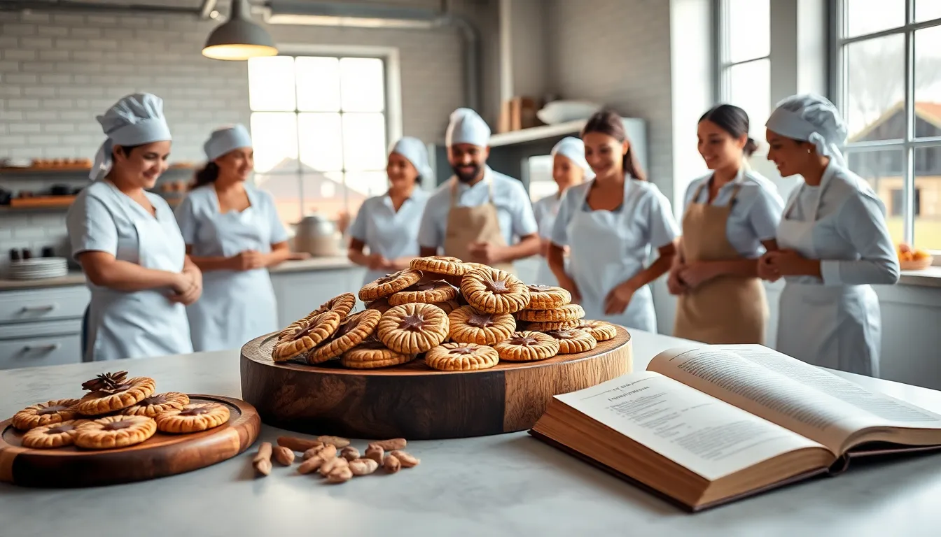 bakers creating Dutch cookies in a modern bakery setting.