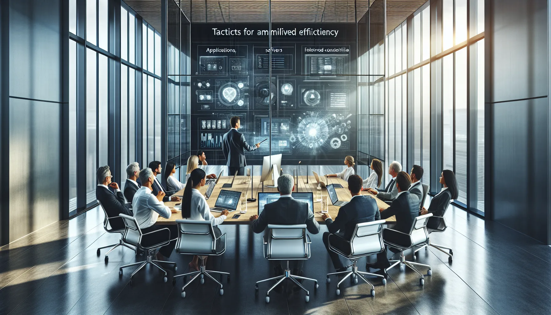 diverse team in a modern office discussing Mac enterprise consulting benefits.