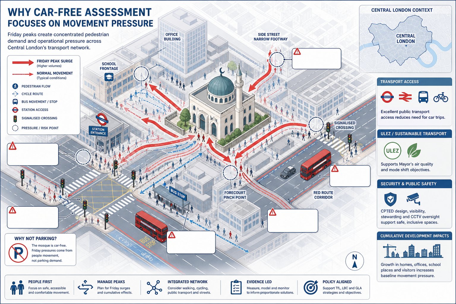 Central London mosque transport infographic showing pedestrian surges and pressure points.