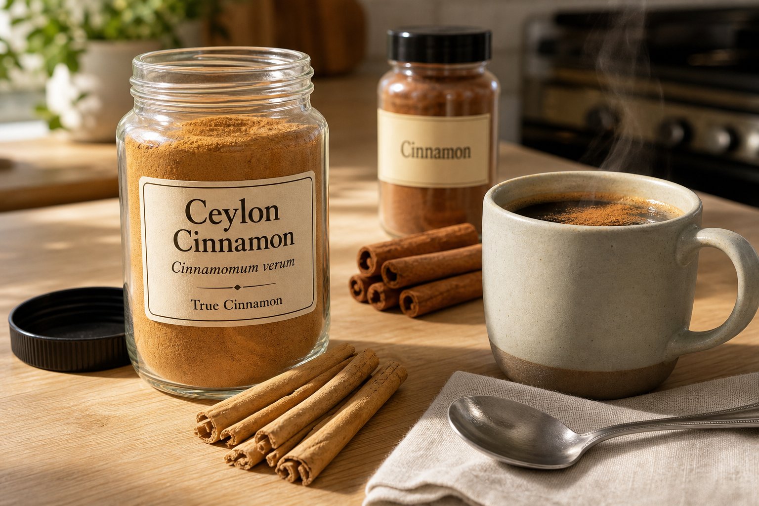 Ceylon cinnamon jar beside coffee, compared with darker cassia cinnamon.