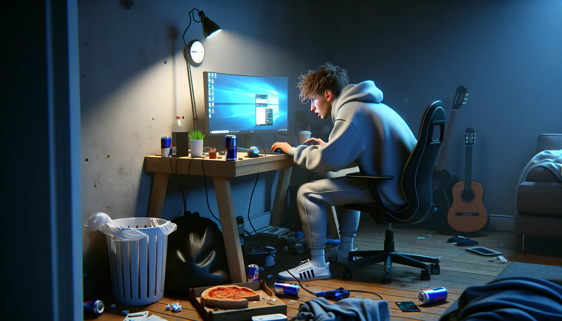 Exhausted norwegian teen gaming at 3:12 a. M. , surrounded by clutter and neglect.