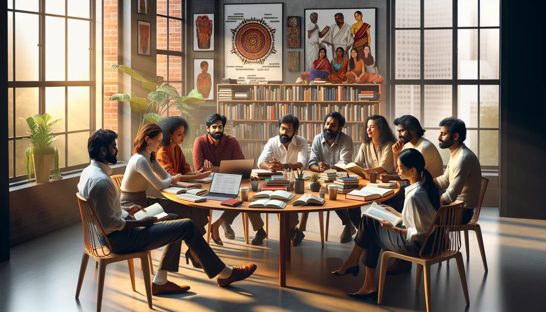 diverse group of Tamil writers discussing literature and art.