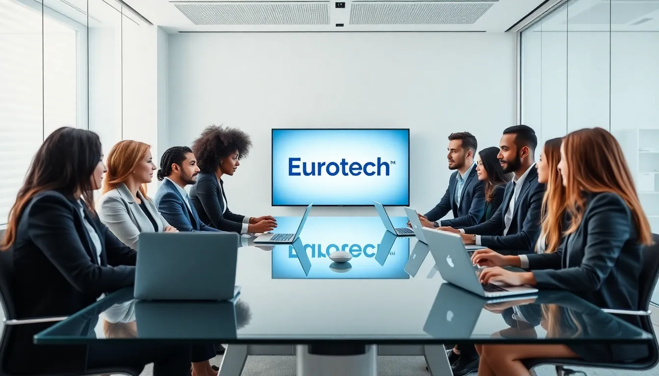 diverse professionals discussing technology in a modern office.