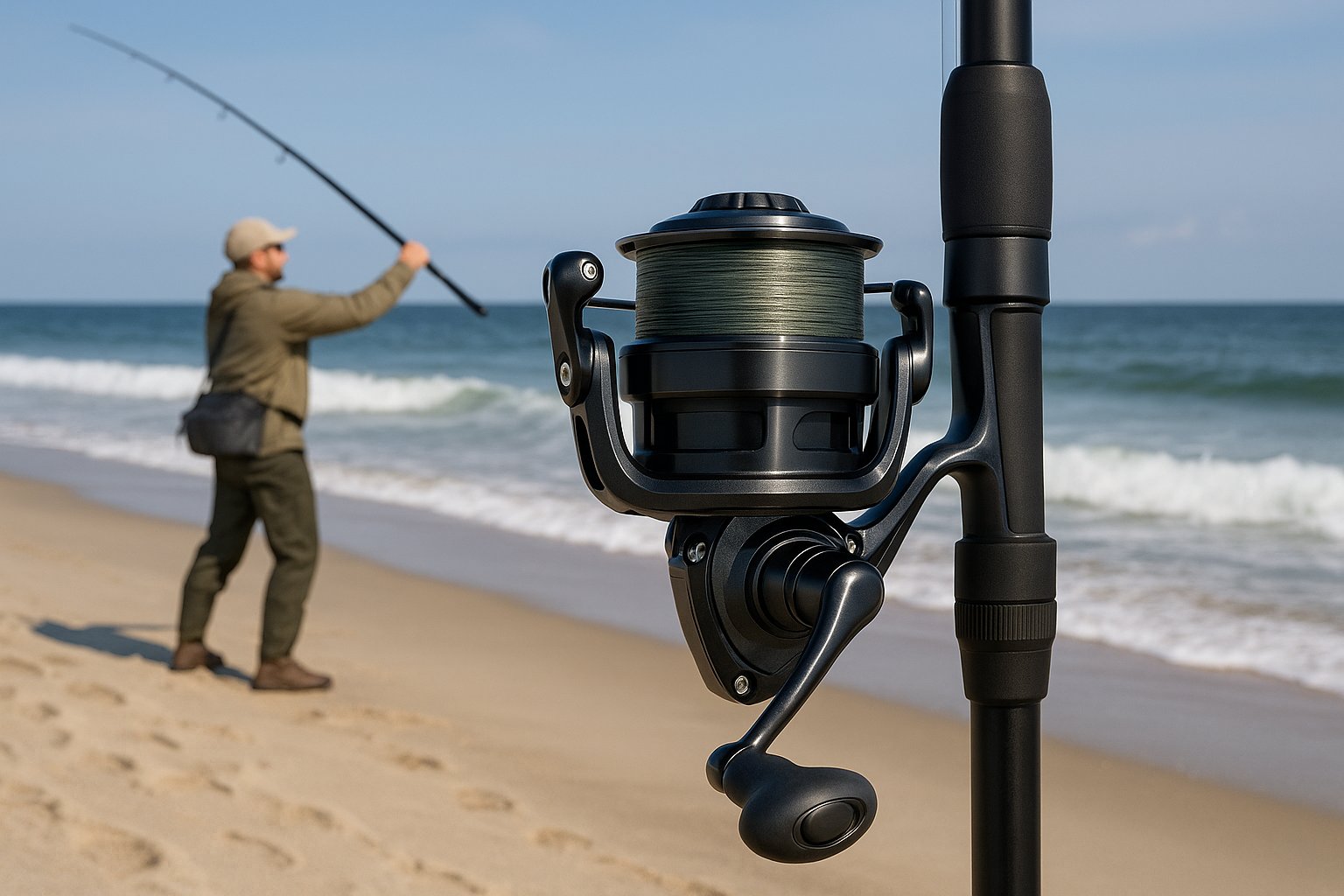 Modern spinning reel and angler casting from a sandy beach shore.