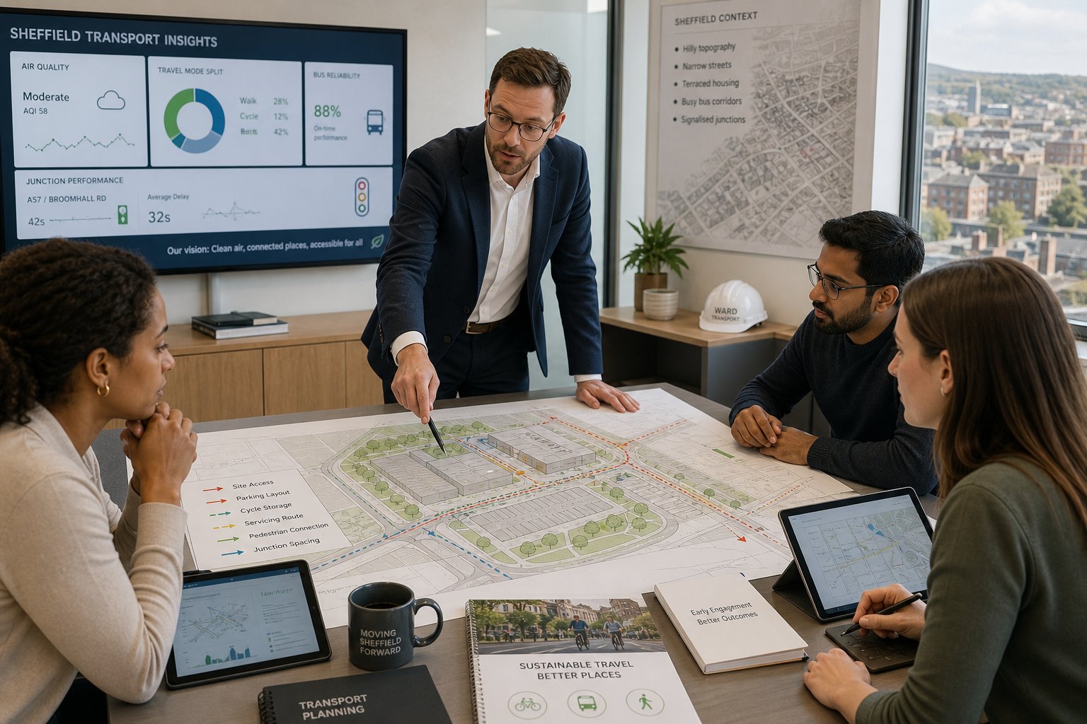Traffic engineer reviewing a Sheffield development transport plan with a planning team.
