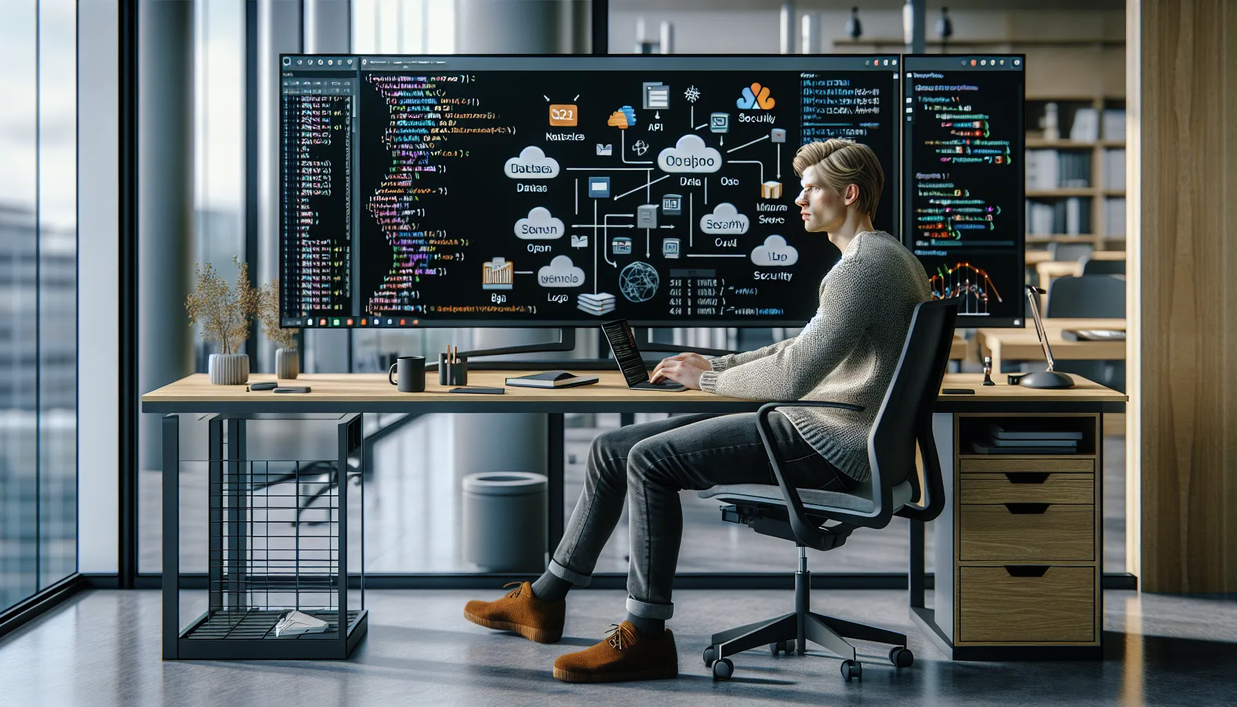 Norwegian data engineer coding data pipelines in a modern, cloud-focused oslo office.