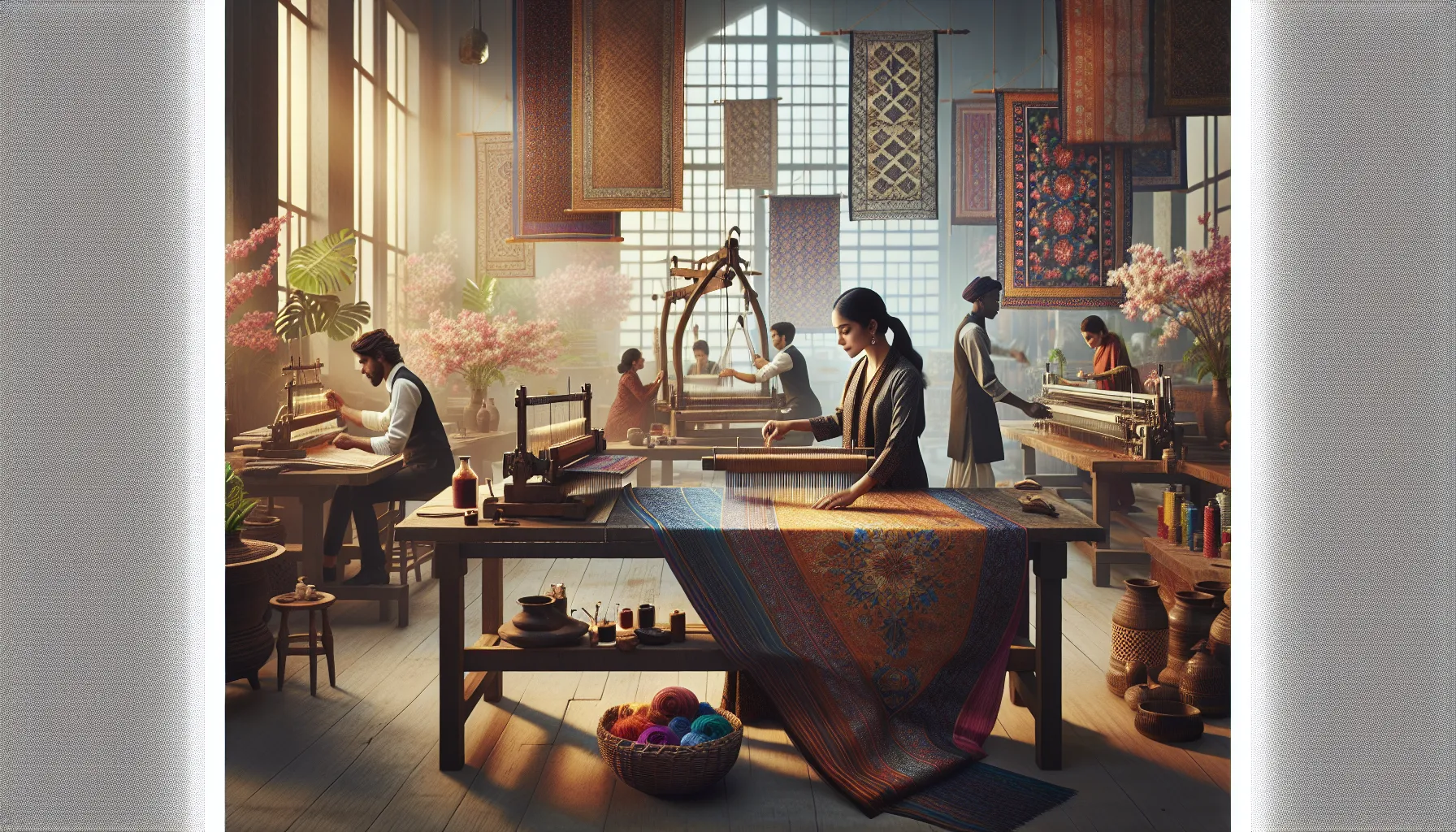 Artisans creating vibrant Nepalichikāi textiles in a modern studio.