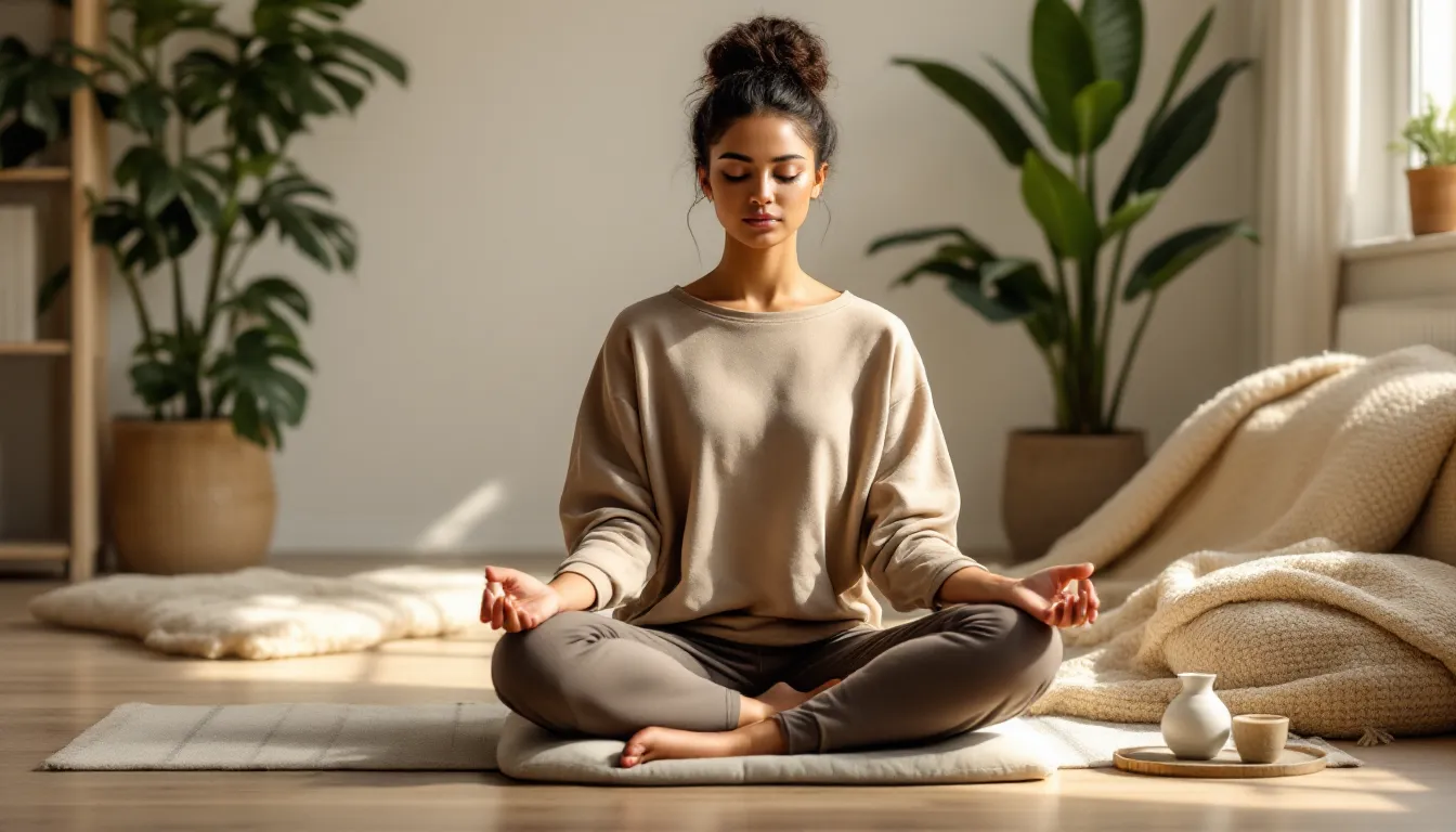 Woman meditating peacefully on a cushion in soft morning sunlight.