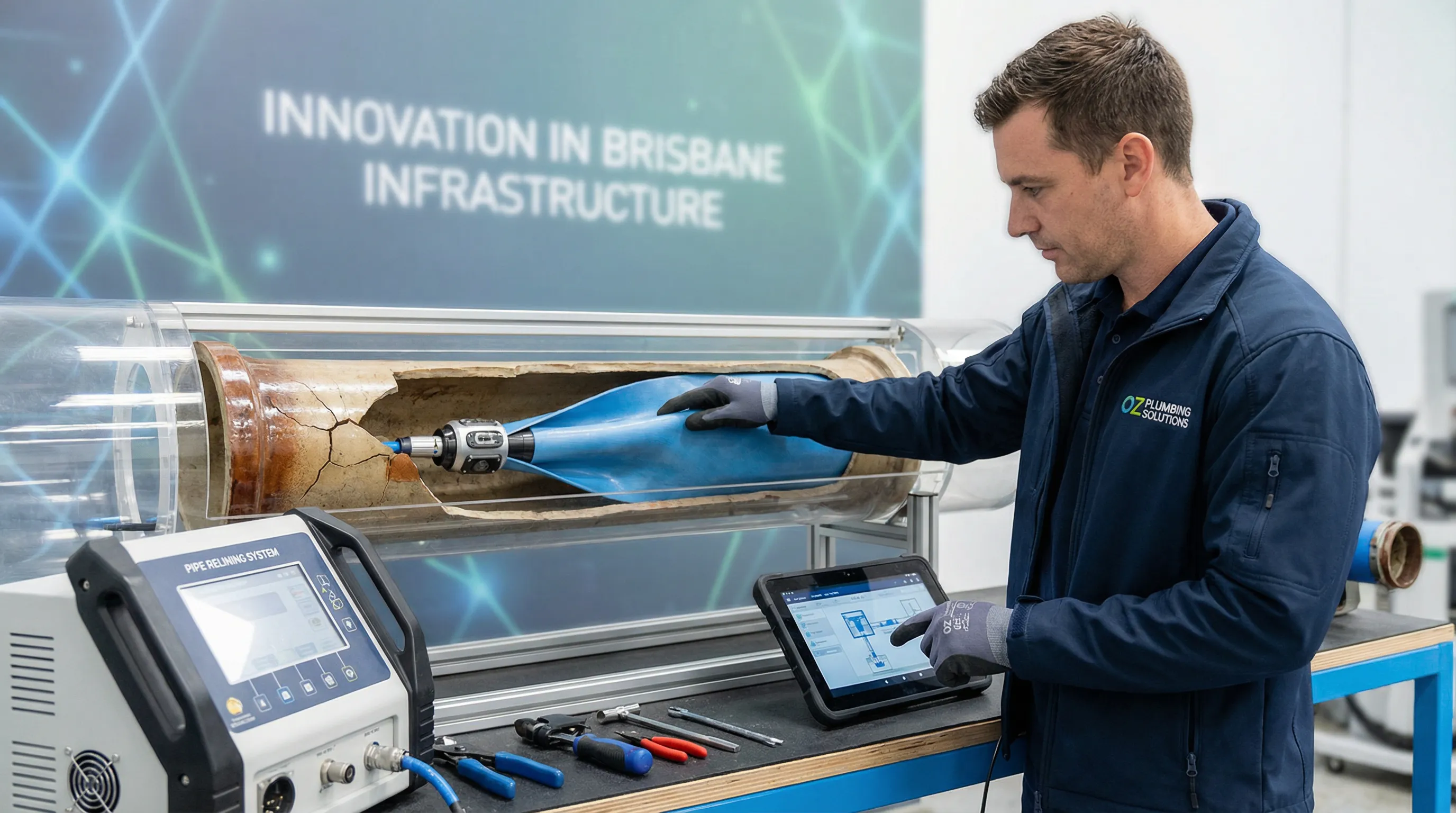 Technician relining a pipe in a modern, professional plumbing environment.